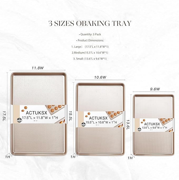Heavy-Duty 3-Piece Baking Sheet Set - Commercial & Home Kitchen Nonstick Cookie Pans, Reinforced Carbon Steel Baking Trays, Oven-Safe with Even Heating & Easy Clean