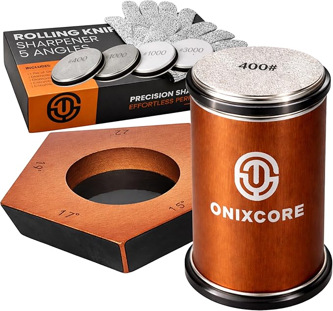 Rolling Knife Sharpener Kit, Magnetic 5-Angle Base 12° 15° 17° 19° 22°, 4 Grit Discs (400# 1000# Diamond, 1000# 3000# Ceramic), Precise for Fine Cutting, Gloves for Protection, Knife Sharpener