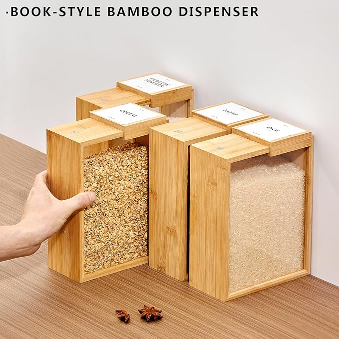 Bamboo Food Storage Container, 75oz /2000ml Clear Food Storage Container, 2Pcs Book-Style Canister for Kitchen, Square Pantry Organization with Labels for Sugar, Nut, Coffee Bean, Cereal, Tea