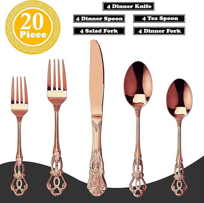 Runfly Gorgeous Retro Royal Rose Gold/Copper Stainless Steel 20 Pieces Flatware Set, Silverware Set, Anti-rust Stainless Steel Gold Cutlery Set Utensils Including Fork Spoon and Knife