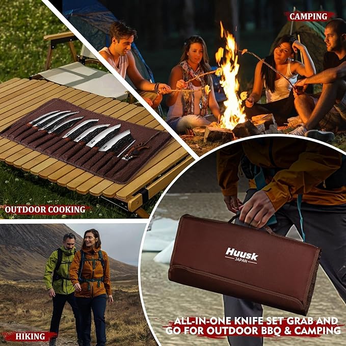 Huusk Butcher Knife Set, Hand Forged Butcher Chef Knife Set with Bag, Sharp Meat Cleaver & Bbq Carving Knives & Boning Breaking Knives for Kitchen & Camping, Christmas Gifts for Men Women
