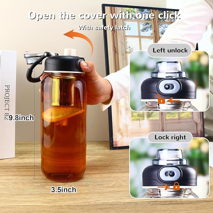 34oz Glass Water Bottle with capacity Mark & Stainless Steel Tea Strainer-Large Capacity for Hot/Cold Drinks,Coffee,Tea,and Water-Includes Protective Sleeve,Perfect for Home,Office (34oz2PCS)
