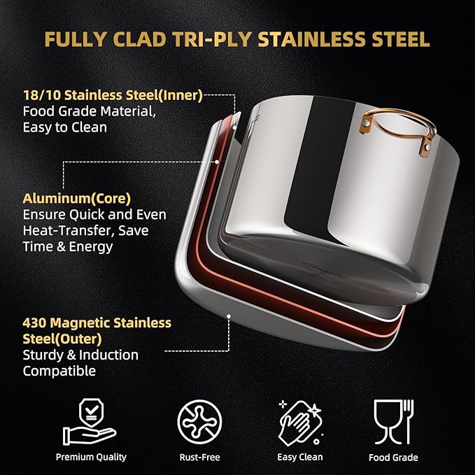 12 Quart Stock Pot with Lid, Upgraded Tri-Ply Stainless Steel Pot, Seamless Large Cooking Pot with Stay-Cool Brass Handle, Healthy Polished Stockpots, Induction Cookware, Oven & Dishwasher Safe