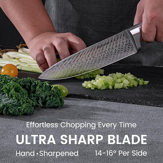 Knife Set, Astercook 15 Pieces Kitchen Knife Set with Built-in Sharpener, German Stainless Steel Knife Block Set, Razor-Sharp Knives with Full-tang Handle, Dishwasher Safe, Valentine's Gift