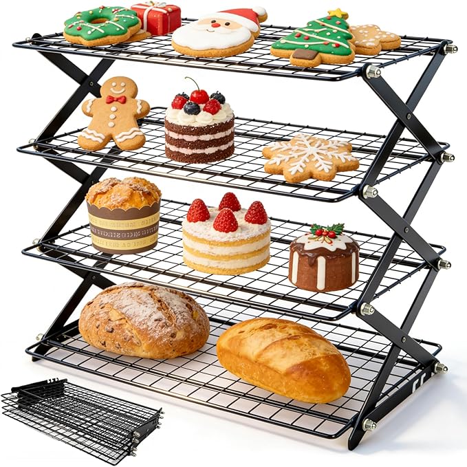 4 Tier Collapsible Cooling Rack - 3 Setting Adjustable & Stackable Stainless Steel Baking Rack, Stackable Cooling Racks for Baking, Cookies, Cakes, Roasting, Grilling, Drying, Space-Saving (Black)
