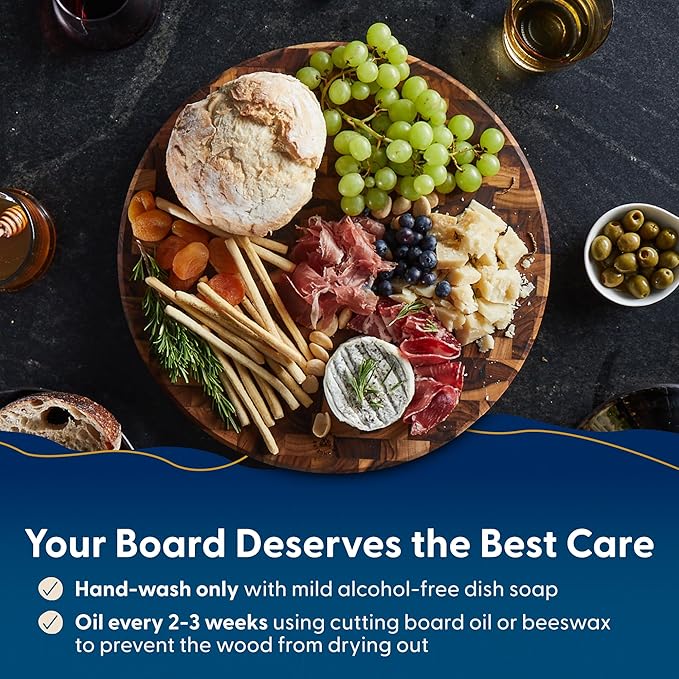 Sonder Los Angeles Vincent Round Cutting Board | Teak End Grain Cutting Board for Kitchen with Juice Groove | Perfect for Pizza & Charcuterie | Gift Box Included | 15x15x1.5 in