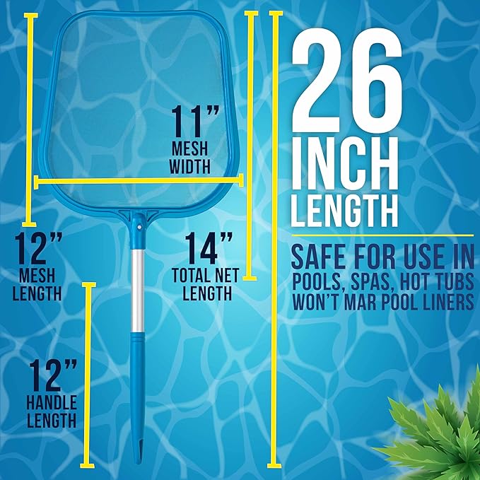 U.S. Pool Supply Professional Spa, Hot Tub, Pool Hand Leaf Skimmer Net, 26" Long with 12" Aluminum Pole - Fine Mesh Netting, Cleanout Leaves, Debris
