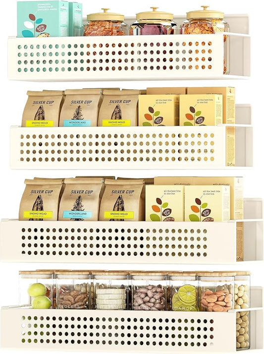 SONGMICS Strong Magnetic Spice Rack for Refrigerator, Set of 4, 2 Large and 2 Small Kichen Magnetic Shelves for Microwave, Washing Machine, Spice Organizers, No Drilling Needed, Cream White UKCS061W01