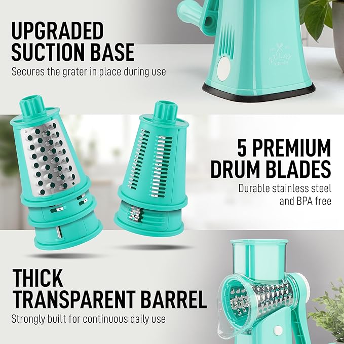Zulay Kitchen Rotary Cheese Grater 5 Blade Cheese Shredder - Manual Hand Crank Cheese Grater With Reinforced Suction & 5 Interchangeable Drums - Easy to Use, Vegetable Chopper Round Mandoline Slicer