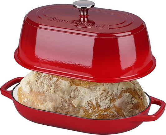 Enameled Cast Iron Dutch Oven Pot with Dome Lid, Oval Bread Oven for Homemade Sourdough Bread Baking, Oven Safe up to 500°F, 6 Quart, Red