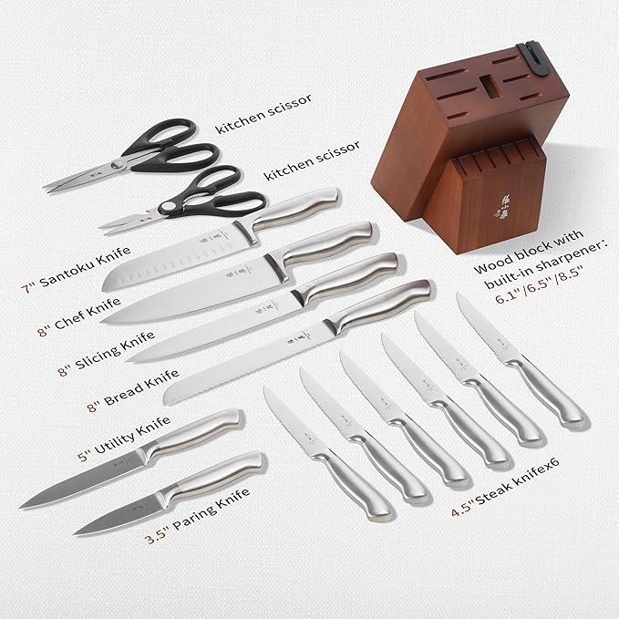 ZHANG XIAO QUAN Knife Set with White Block, High Carbon Stainless Steel Sharp Blades, Built-in Sharpener Kitchen Knife Block Set for Home Cooking