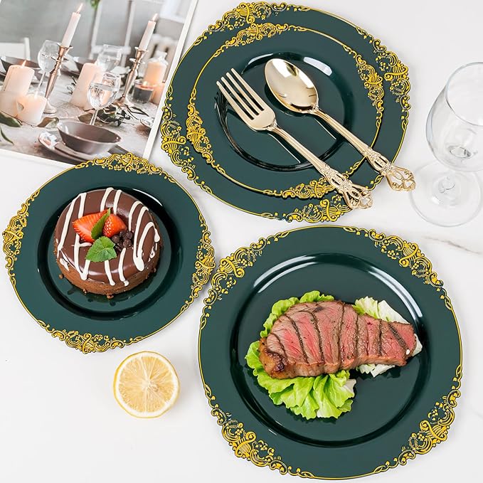 102PCS Green Plastic Plates - Green and Gold Plates - Fancy Heavy Duty Disposable Plate - Heavyweight Dinner & Dessert Plate for 51 Guests for Spring Party & Wedding