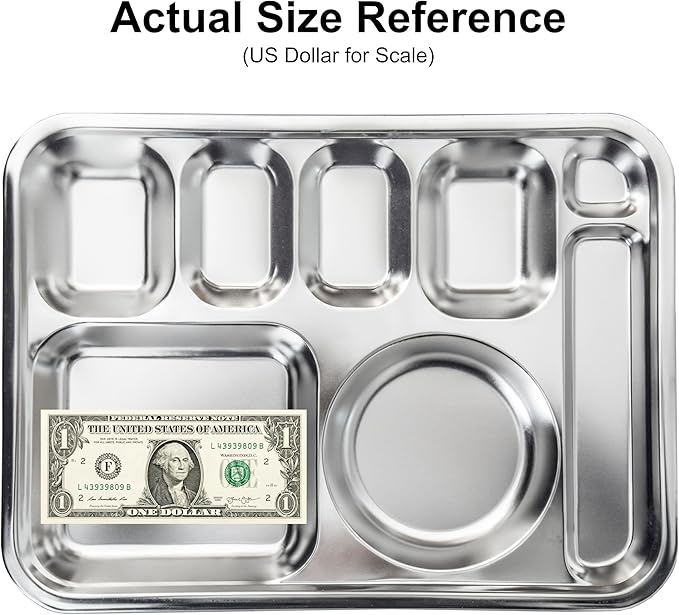 Korean Stainless Steel Divided Plates with Cutlery Slot for Adults, Premium 304, Electro-Polished, No Black Residue, BPA-Free, XL 8-Compartment Food Tray, Camping, Set of 2