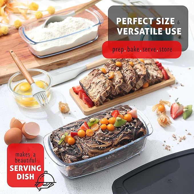 EATEX Glass Bread Pans for Homemade Bread Baking, 1.9 Quart Deep Rectangular Glass Food Storage Containers with Lids BPA Free Microwave Oven & Freezer Safe - 6 Bread Loaf Pans 6 Airtight Lids Black