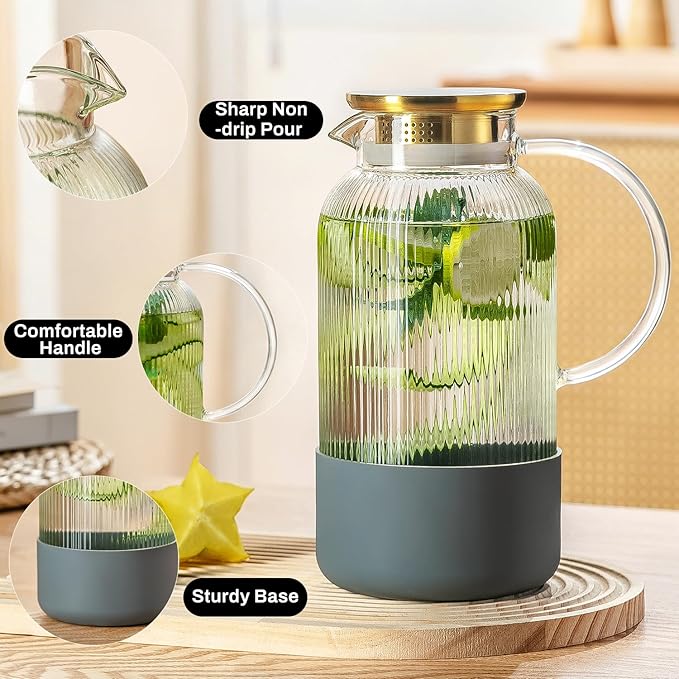 2 PACK Glass Pitcher with Lid, 68 oz/ 2 Liter Classic Vertical Stripes Water Pitcher with Silicone Base, Glass Water Carafe for Cold Brew, Coffee, Lemonade, Iced Sun Tea,Beverage,Heat Resistant