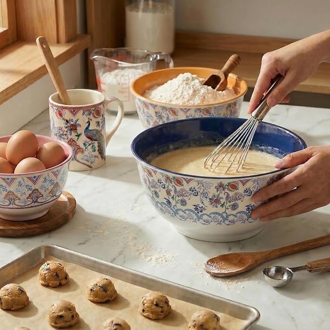 TP Mixing Bowl Set with Lids, 6-Piece Melamine Nesting Bowls Set for Pasta Baking Salad Mixing, Set of 3, Ottoman Floral