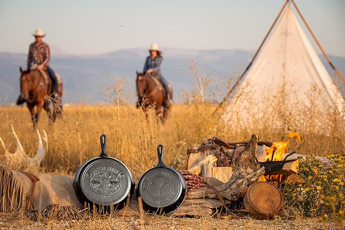 Lodge Pre-Seasoned Yellowstone Stamped Cast Iron Cookware - Signature Teardrop Handle & Assist Handle - Cowboy on Horseback 10.5 Inch Grill Pan