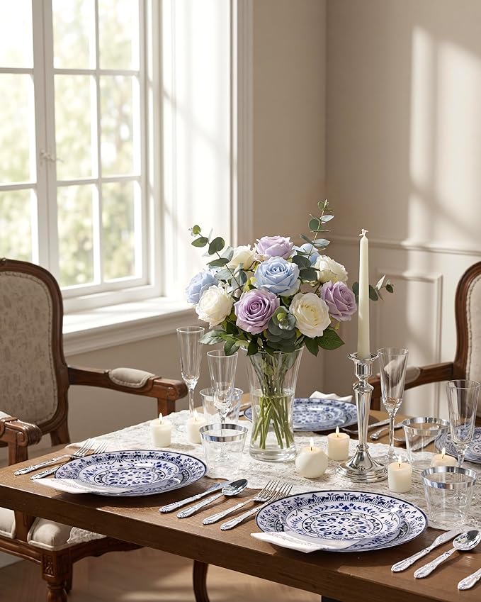 Hioasis 60pcs Blue Plastic Plates Set - Floral Blue & White Porcelain Design, 10.25" Dinner & 7.5" Dessert Plates Disposable for Wedding (Dishwasher Safe, Traditional Style)