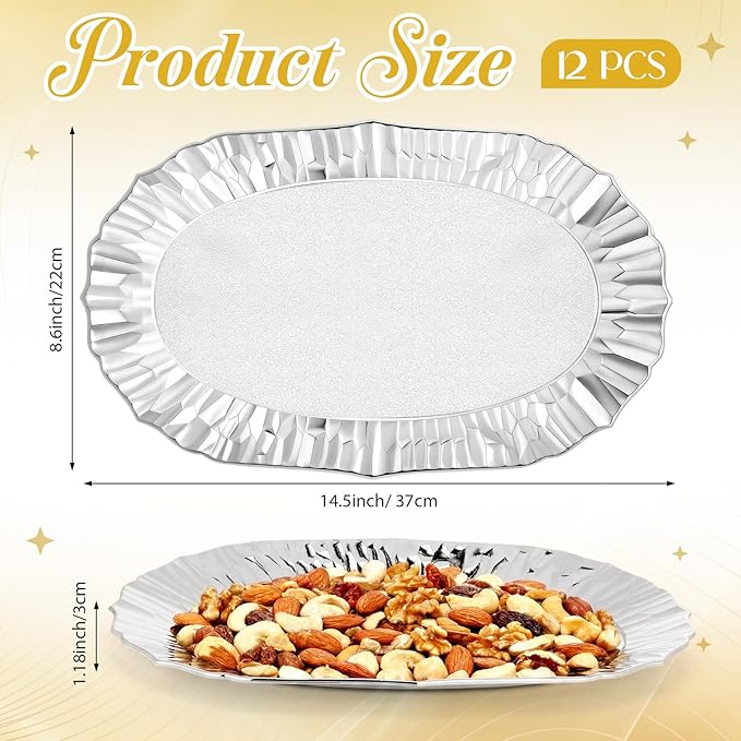 12 Pcs Sliver Plastic Serving Tray Bulk, 14.5" x 8.6" Rectangle Silver Party Platters Reusable Decorative Dessert Table Serving Trays Snack Food Tray for Cupcake Wedding Birthday Party