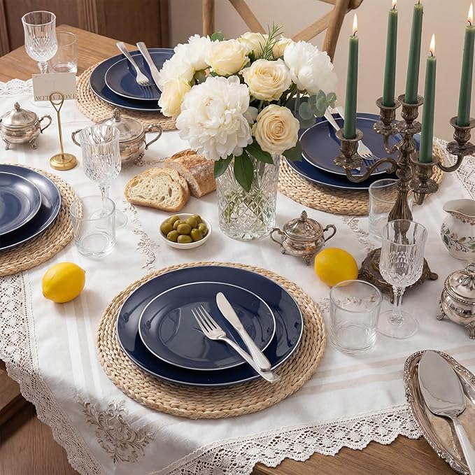KIRE 200PCS Blue Plastic Plates with Silver Rim - Navy Blue Plastic Plates Include 100 Dinner & Dessert Plate - Heavy Duty Dark Blue Disposable Plate for Passover/Parties/Wedding