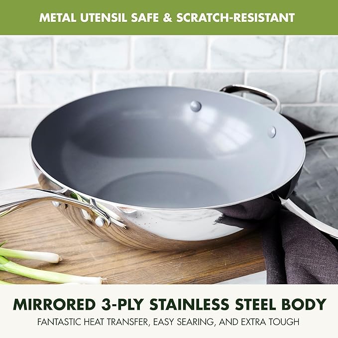 GreenPan Valencia Pro Tri-Ply Stainless Steel 12” Wok with Lid, PFAS-Free Ceramic Nonstick Coating, Induction Ready Cookware, All Cooktops, Dishwasher & Oven Safe to 600F
