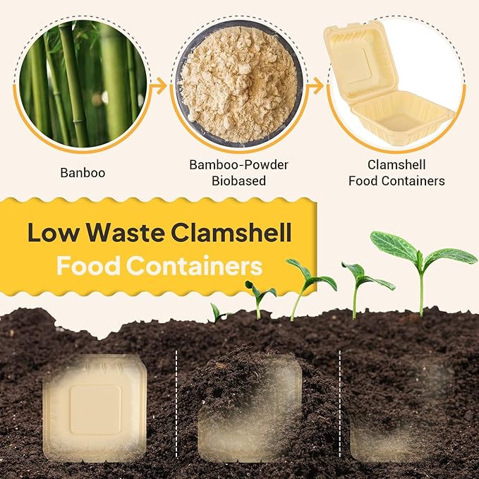 6x6in Compostable To Go Food Containers, 50Pack Bamboo-Powder Clamshell Take Out Containers, Heavy Duty Hinged To Go Boxes with Secure Snap Lid for Catering Pasta Salad Sandwich