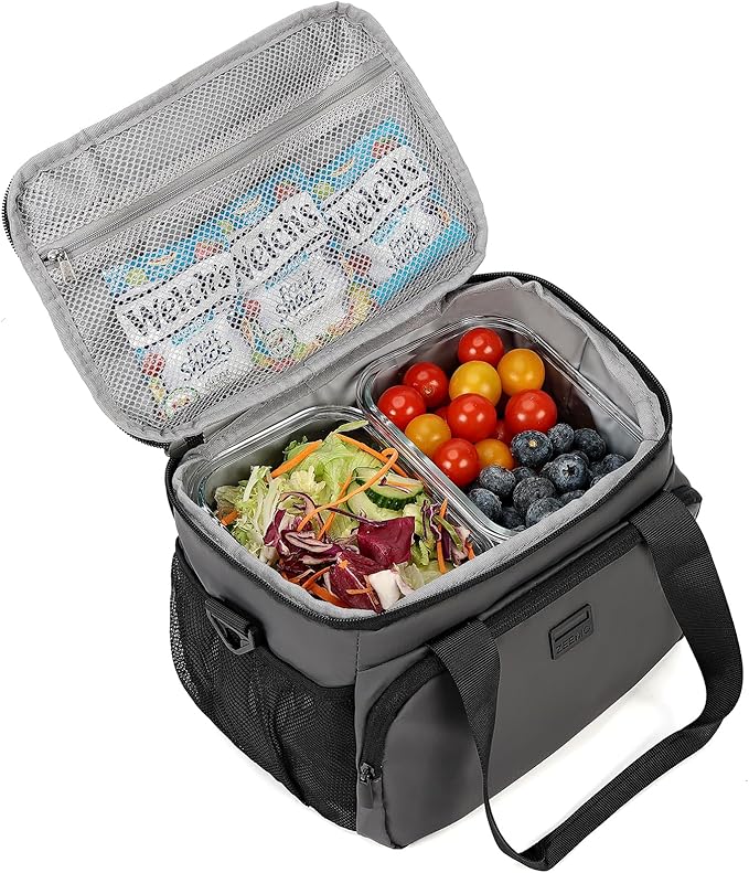 ZEEMO Insulated Lunch Bag for Men Women, Cooler with Adjustable Shoulder Strap, Leakproof Box for Work, Picnic, Medium Size, Grey
