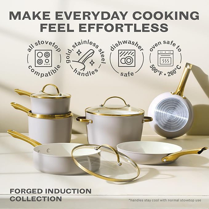 Farberware Forged Induction Ceramic Nonstick Sauce Pan/Soup Pot, Dishwasher Safe, Gold Color Stainless Steel Handle, 3 Quart - Taupe