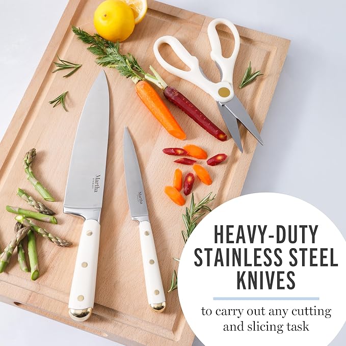 Martha Stewart 16 Piece Lockton High Carbon Stainless Steel Cutlery Kitchen Knife Block Set W/ABS Triple Riveted Forged Handle Acacia Wood Block - Linen White W/Gold