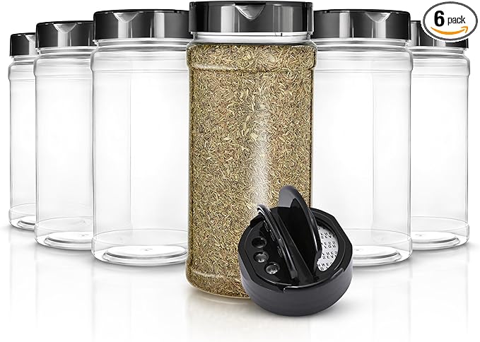 6 Pack 16 oz Plastic Spice Jars, Empty Seasoning Containers for Homemade Rub, Spices, Glitter, and More, Small Spice Containers with Black Shaker Lids and Heat-Induction Liner, Clear Spice Jars