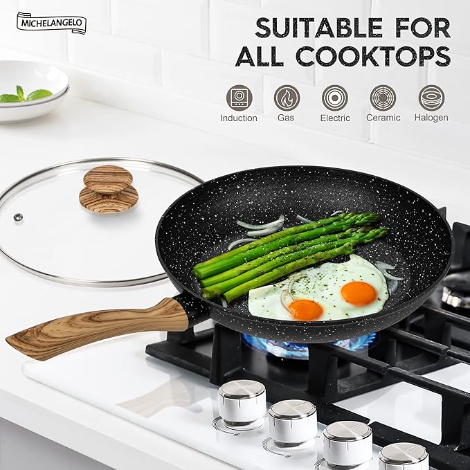 MICHELANGELO Nonstick Frying Pan with Lid, 8 Inch Frying Pans Nonstick with Healthy Coating, Small Frying Pan with Stay-Cool Handle, Induction Compatible