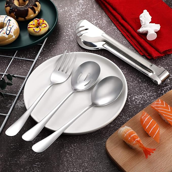 Patelai 8 Pcs Silver Stainless Steel Serving Utensils Set 8.7" Large Spoons and Slotted Spoon 9.45" Tong 9" Forks Flatware Wedding Valentine's Day Holiday Party Buffet Banquet Cooking Kitchen Catering