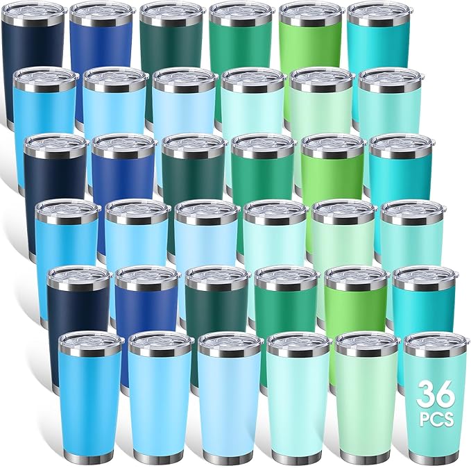Sieral 36 Pack Stainless Steel Tumblers Bulk with Lids Double Wall Vacuum Insulated Coffee Cups Blank leakproof Powder Coated Tumblers for Engraving Wedding Graduation Party Favors(20 oz,Cool Color)