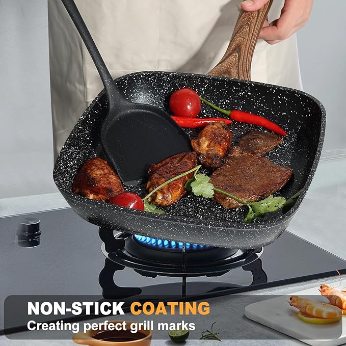 OLIXIS Nonstick Frying Pan Skillet Set, 3 Piece Square Grill Pans for Indoor Outdoor RV Camping Cooking, PFOA Free Skillet Set with Stay Cool Handle, Compatible with All Stovetops (9.5" 10" 11") Black