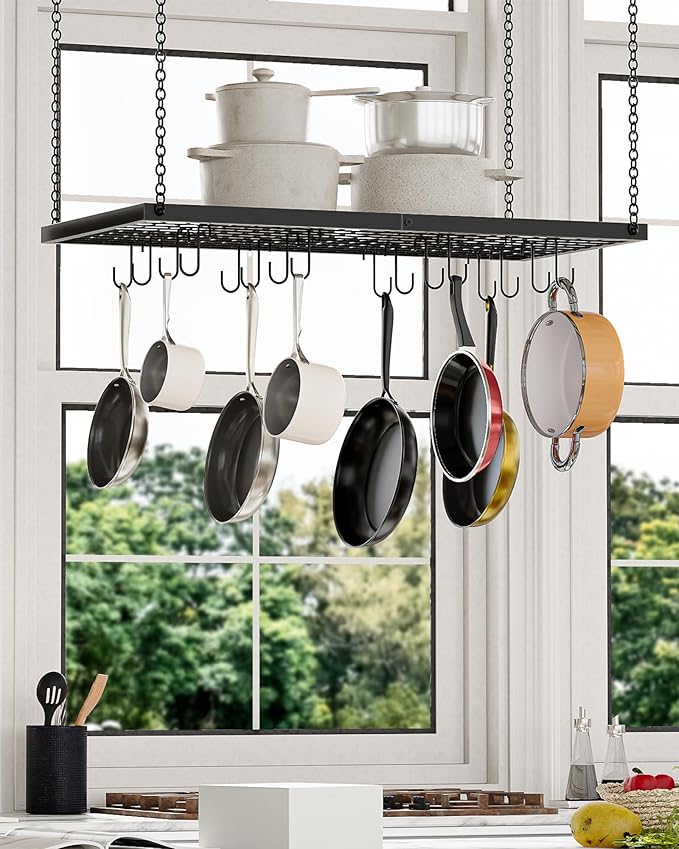 Hanging Pot Rack, Ceiling Mounted Pot Hanger for Kitchen, Metal Cookware Storage Organizer with 12 Hooks, for Storage of Cookware, Utensils in Kitchen, Black TPR31BB