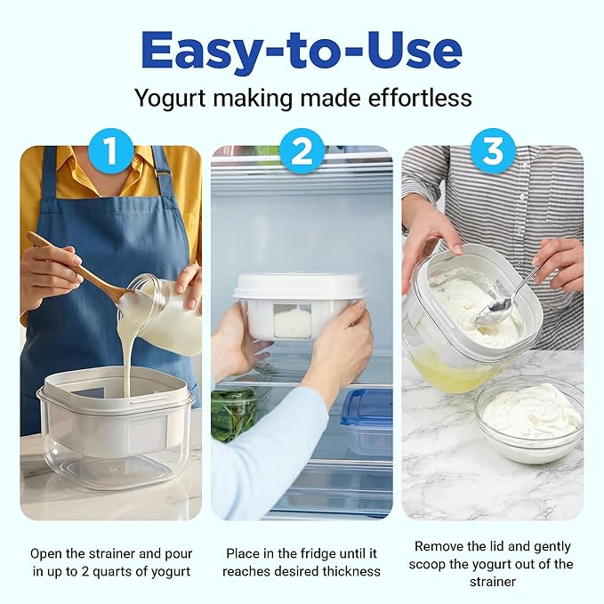Ultimate Yogurt Strainer - Make Delicious, High Protein, Greek Yogurt - 70% Less Sugar & Lactose - Fine Mesh Nylon Greek Yogurt Maker - 100% BPA-Free & Dishwasher Safe with Large 2.3 Quart Capacity