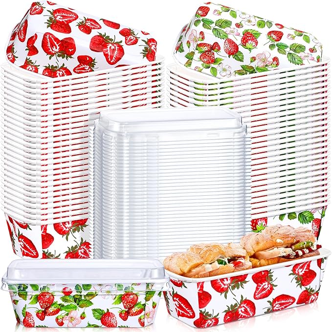 LemonRoad 100 Pcs Strawberry Mini Loaf Pans with Lids 6.3 x 2.2 x 2.2 in Disposable Paper Baking Pans Bulk, Strawberry Baby Shower Baking Party Supplies for Cake Bread Oven Bakery