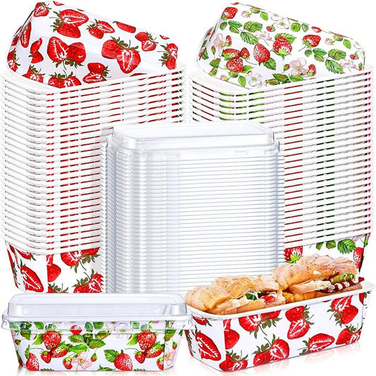 LemonRoad 100 Pcs Strawberry Mini Loaf Pans with Lids 6.3 x 2.2 x 2.2 in Disposable Paper Baking Pans Bulk, Strawberry Baby Shower Baking Party Supplies for Cake Bread Oven Bakery