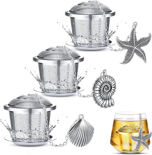 3 Sets Tea Infusers Steeper for Loose Leaf Tea Holder Stainless Steel Tea Ball Mesh Strainer Filters with Drip Trays and Pendant(Ocean Style)