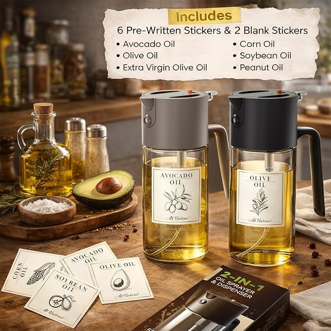 Professional 500ml Glass Oil Sprayer - 3-in-1 Kitchen Tool: Fine Mist, Stream & Pour | Leak-Proof Design for Air Fryer, BBQ & Cooking | BPA-Free