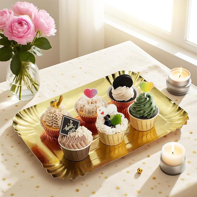 10 PCS Gold Rectangle Trays, Heavy Duty Disposable Paper Cardboard for Platters, for Elegant Dessert Table Serving Parties, Cupcake Display, Birthday Party, Christmas, Weddings
