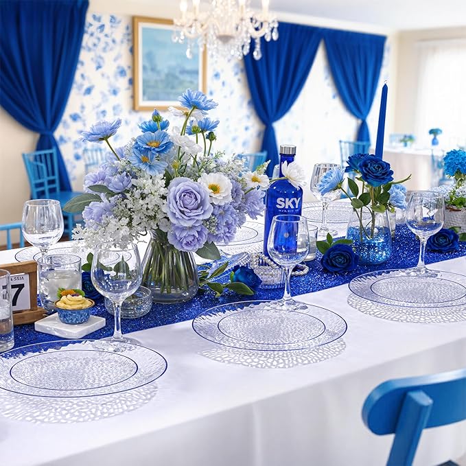 Rubtlamp 60Pcs Blue Easter Plastic Plates, Clear Disposable Plates With Blue Rim, Heavy Duty Party Plates, Hammered Fancy Plates Include 30 Dinner Plates, 30 Dessert Plates For St Patricks Day