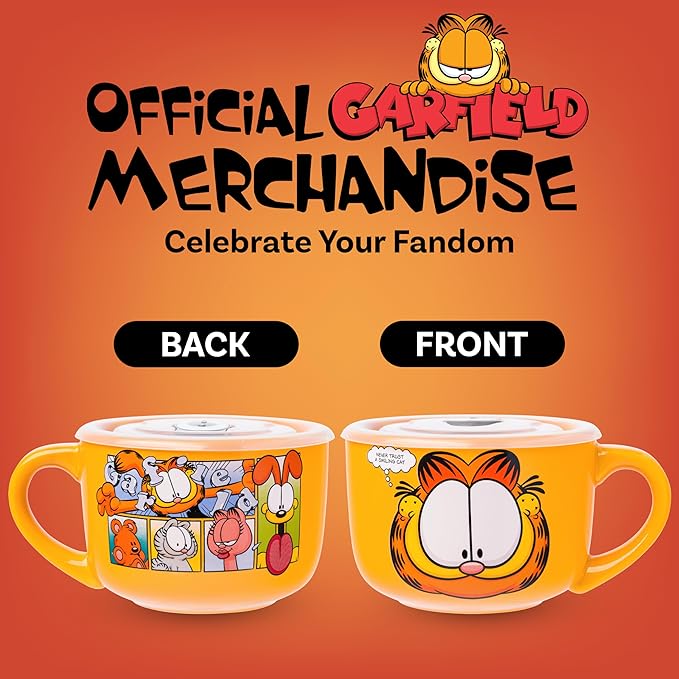 Silver Buffalo Garfield Never Trust a Smiling Cat Featuring Odie, Arlene, Nermal, and Pooky Ceramic Soup Mug with Vented Plastic Lid, 24 Ounces