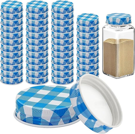 48 Pcs iron Jar Lids Lids for 4 oz and 6 oz Square Spice Jars Reusable Can Airtight Spice Storage Canning Lids for Nice Sealing Kitchen (Blue grid)