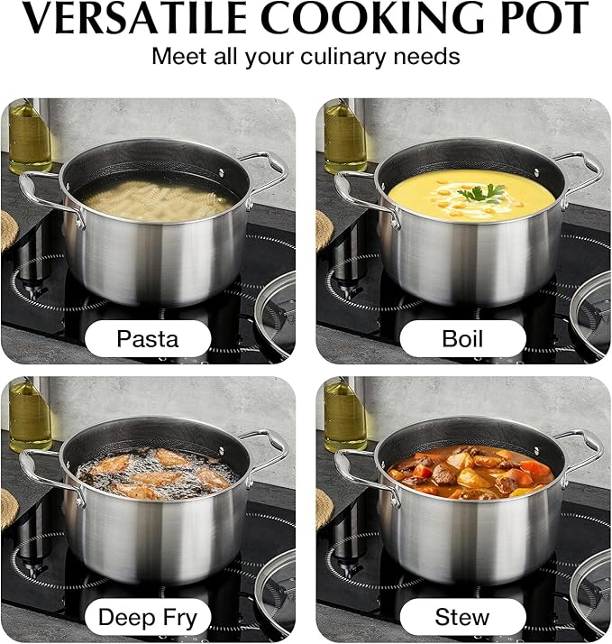 KOCH SYSTEME CS Triply Stainless Steel Pot 6 Quart, Nonstick Hybrid 18/10 Stainless Steel Stock Pot with Lid, Nonstick Cooking Pots with Honeycomb Interior, Compatible with All Cooktops, Oven Safe