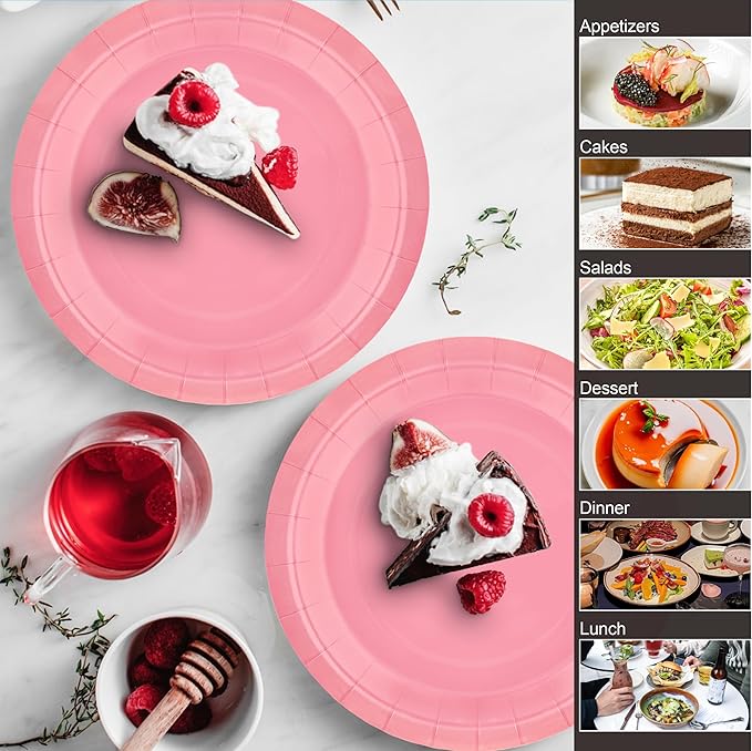 40Pcs Disposable Paper Plates Pink,Including 20pcs 9" and 20pcs 7" Plates,Strong and Sturdy Disposable Plates for Party, Dinner, Holiday, Picnic,Birthday Party, Dinner Table, Wedding