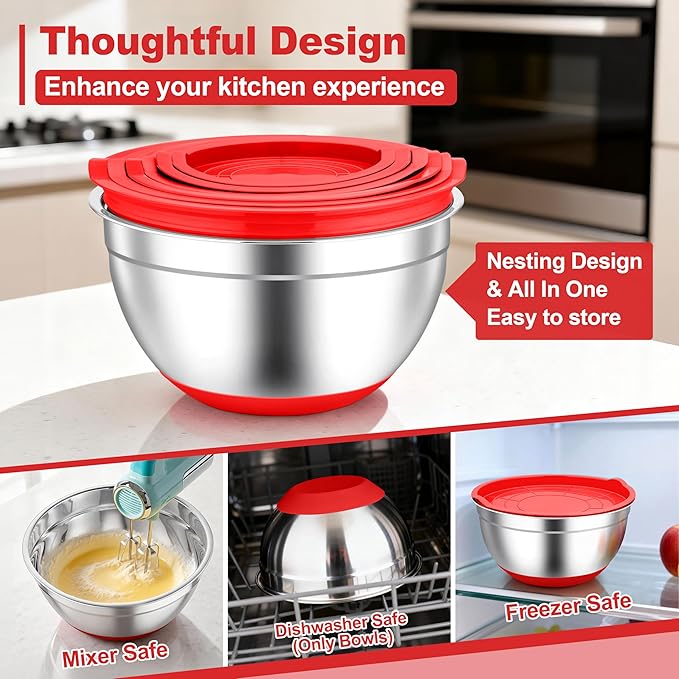 TeamFar Mixing Bowls, Red Mixing Bowls with Lids Set, Stainless Steel Nesting Salad Bowl with Air-tight Lid & Silicone Bottom, Non Slip & Stackable - Set of 6-4.6/2.6/2 / 1.5/1 / 0.7 Qt