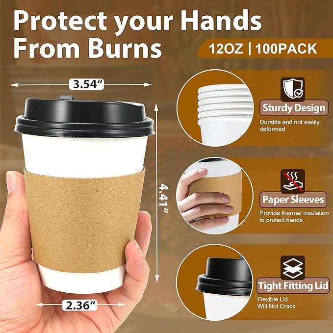 100 Pack 12 oz Disposable Coffee Cups with Lids and Insulated Sleeves, Leak-free Paper and Sturdy Thick Paper Hot to Go Coffee Cups with Lids for Cold/Hot Beverage (White)