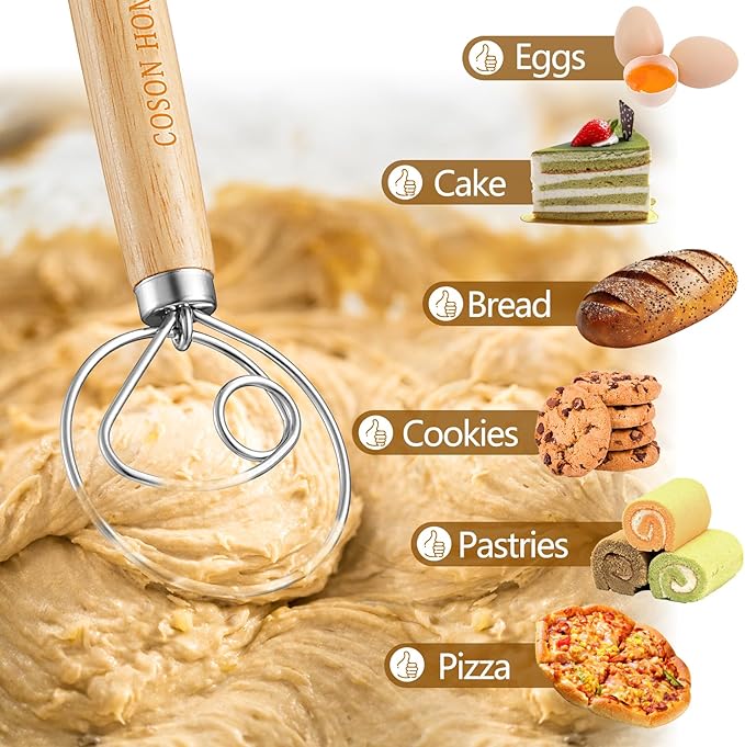 Pack of 2 Danish Dough Whisk, Kitchen Baking Flour Mixing Tool for Sourdough, Bread, Flour Paste, Butter, Pancake, Pizza, Cake, Pastry, Biscuits, Wooden Handle Stainless Steel Ring