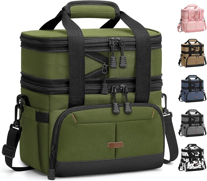 Lunch Box For Men Women Double Deck Insulated Lunch Bag For Men Woman Leakproof Expandable Cooler Bag with Adjustable Shoulder Strap for Kids Shool Work Picnic Camping(Green,Large)